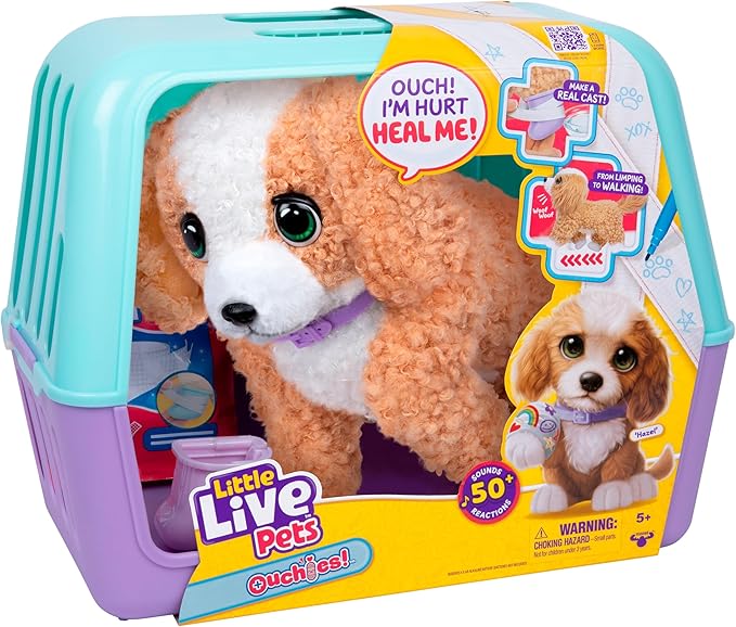 Little Live Pets Ouchies Amazon Exclusive Hazel The Poodle Plush, 50+ Sounds, Limping to Walking Puppy Toy Stuffed Animal & Carrier, Interactive Toy Dog for Kids 5+