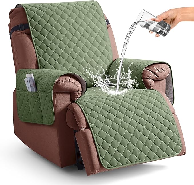 KinCam 100% Waterproof Recliner Chair Cover, Reclining Couch Covers for Pets, Dogs, Recliner Couch Slipcover Furniture Protector with Elastic Straps for Kids(23.6", Cactus Green)