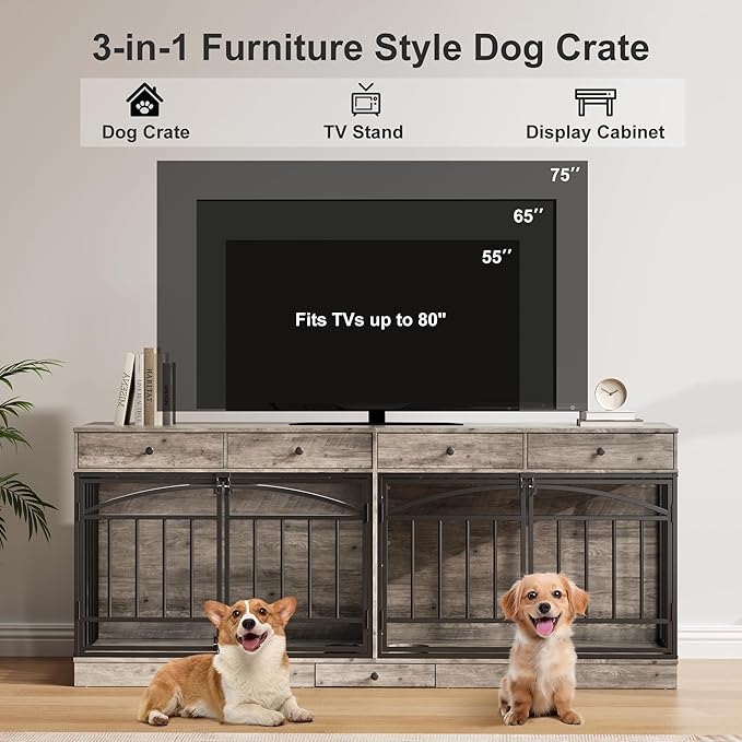 GarveeHome Dog Crate Furniture for 2 Dogs, Dog Kennel Indoor with 4 Storage Drawers and Feeding Bowls, Double Dog Crate TV Stand for Small Medium Dogs, Grey