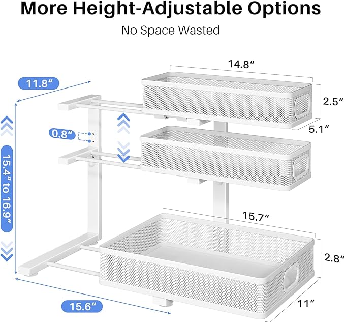 HERJOY Under Sink Organizer, 2-Pack 3-Tier Height Adjustable Thickened Metal Pull out Cabinet Organizer Shelf, Slide out Storage Drawer Rack for Bathroom Kitchen Pantry Home Laundry Organization White