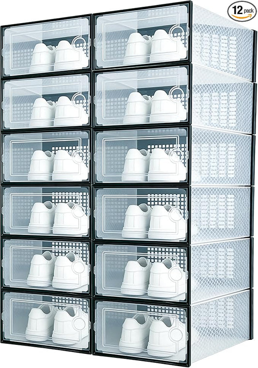 12 Pack Shoe Storage Boxes, Clear Plastic Stackable Shoe Organizer for Closet, Foldable Shoe Rack with Lids for Entryway, Closet, Under Bed, Black (13.2 x 9.8 x 6.7inches)