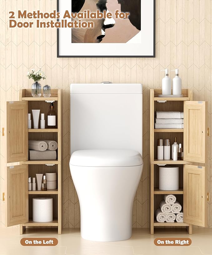 Rattan Small Bathroom Cabinet with 2 Doors, 7.9''D x 7.9''W Narrow Toilet Paper Storage Cabinet, Bathroom Organizer for Small Spaces, Wooden Slim Corner Unit with Adjustable Shelf, Natural Oak