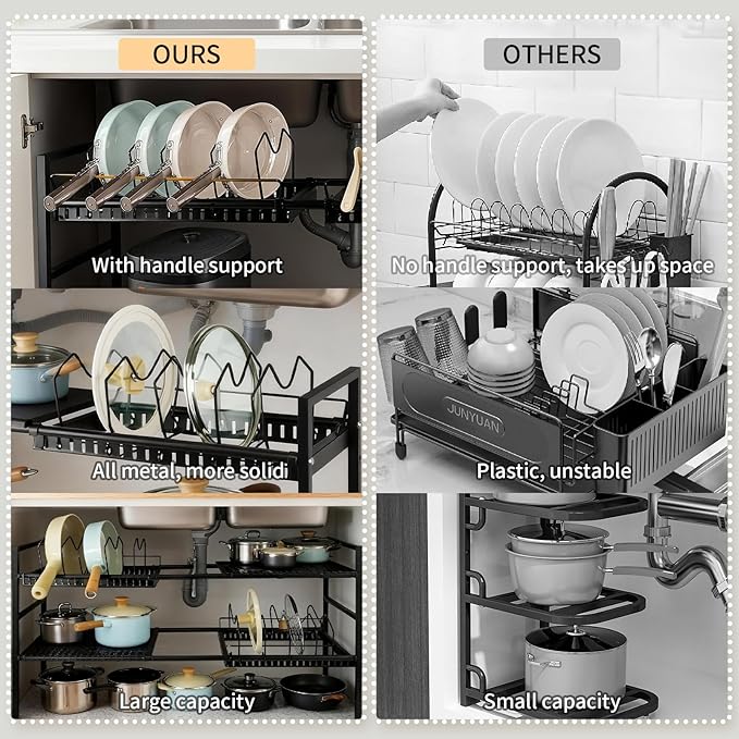 Pots and Pans Organizer Under Cabinet, Expandable Length, Adjustable Height Under Sink Shelf 2 Tier with 10 Dividers Under Sink Organizer, Pot and Pan Lid Holder Rack (Black)