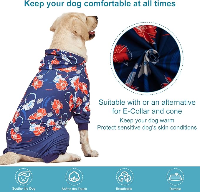 LovinPet Big Dogs Breeds Jammies, Wound Care/Post Surgery Clothes, Pet Anxiety Onesies for Dogs, Lightweight Stretchy, Large Breed Dog Pajamas, Reflective Stripe, Floral Navy & Red Print, Pet PJ's/XL