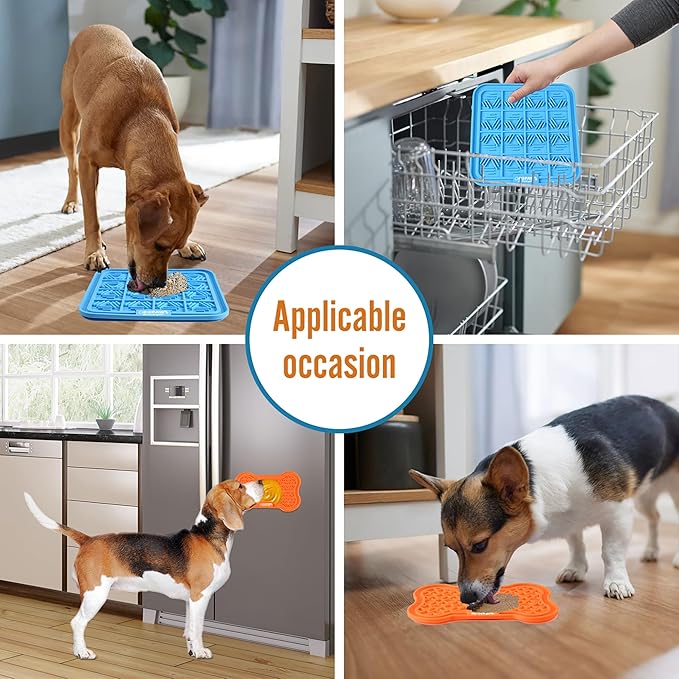 Licking Mat 2 Pack - Orange & Blue - Dog & Cat Slow Feeding Textured Pads, Food Grade Silicone, Spread Food & Treats, Pet Soothing Activity