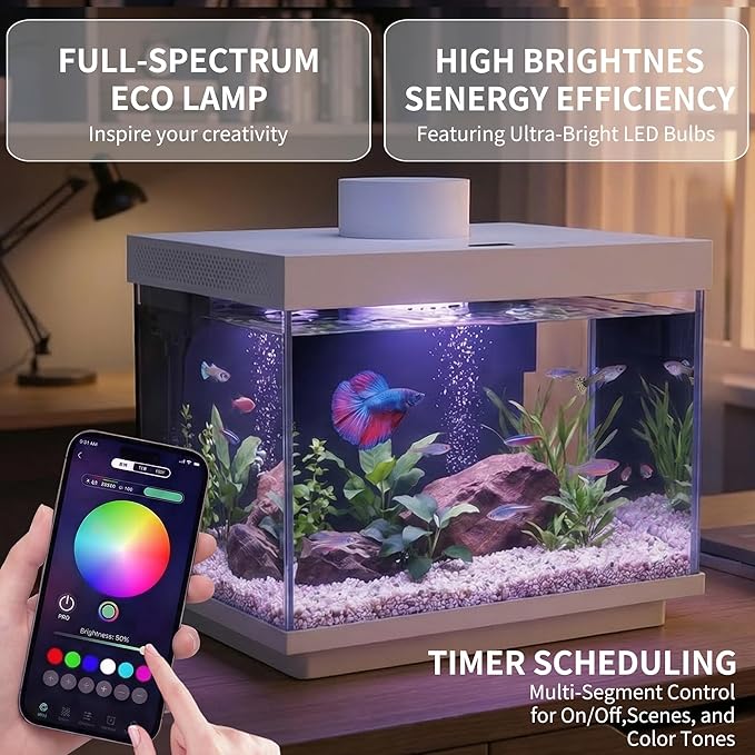 Smart Fish Tank, 1.82 Gallon Glass Aquarium Starter Kit with App Control, Auto Feeder with Dual-Direction Dispensing, Real-time Temperature Monitoring, LED Lighting, Small Fish Tank for Desktop Office