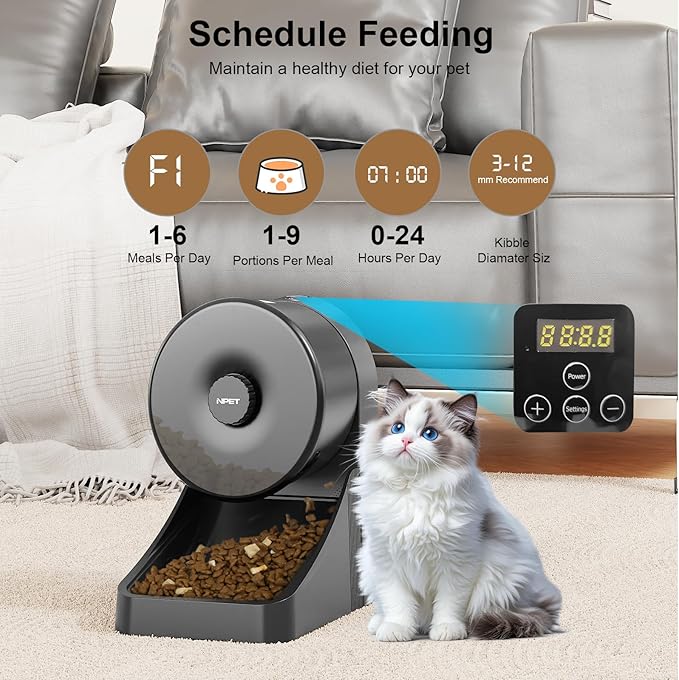 NPET 3L Automatic Cat Feeder, Wheel Shaped Dry Food Dispenser Timed Pet Feeder for Cats and Small Dogs, 1-6 Meals Per Day - Programmable Portion Control (Black, Basic Version)