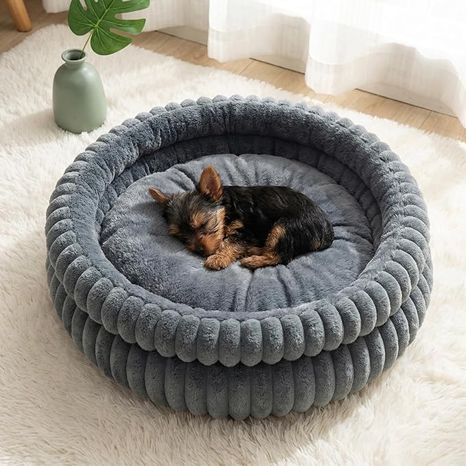 Calming Dog beds for Small Dogs, Faux Rabbit Fur Round Anti-Anxiety Pet Bed for Kittens & Puppies, Fluffy Puppy Bed with Washable Cushion & Detachable Cover, 24"