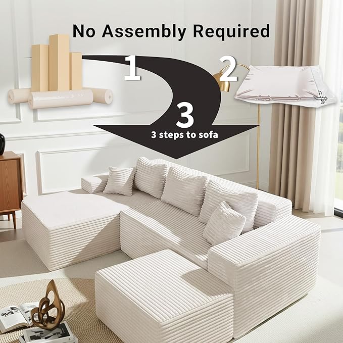 Claiks 110" Boneless Couch, Cloud Couch Sectional, U-Shape Corduroy Modular Sectional Sofa Deep Seat, Upholstered Couches for Living Room, No Assembly Required, Beige