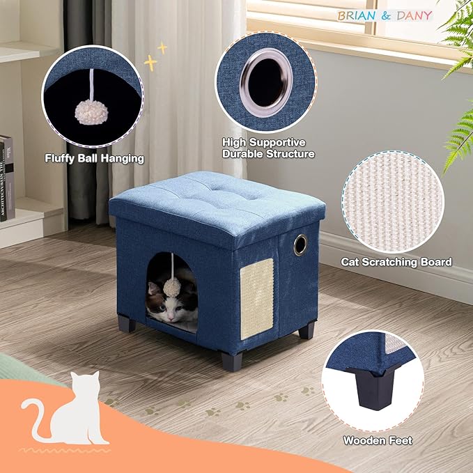 BRIAN & DANY Foldable Cat House, Cat Cave, Cat Cube with Scratch Board & Ball, 14.7" x 14.1” x 12.7”, Blue