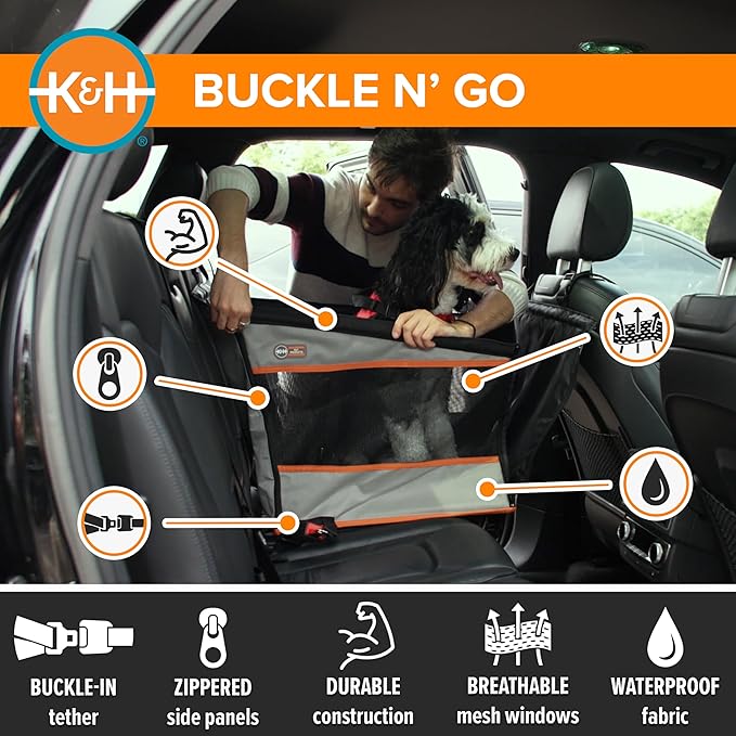 K&H Pet Products Buckle N Go Dog Car Seat for Large Dogs, Waterproof Fabric, Breathable Mesh Sides, Adjustable Seat Belt Leash, Carseat for Medium to Large Pets, Car Seat Cover - 21 X 19 X 19in