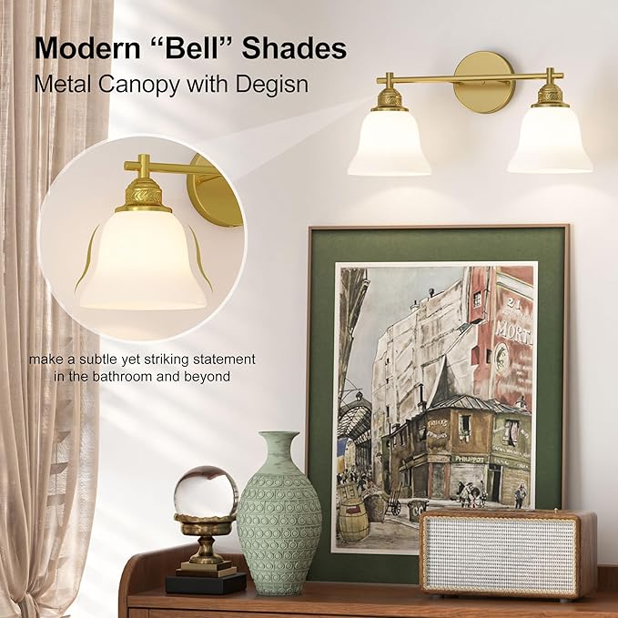 Bathroom Light Fixture, 2-Light Vanity Wall Sconce with Glass Shades, Gold Finish, Light Fixtures Over Mirror for Bathroom, Bedroom, Living Room, Hallway, 18inch