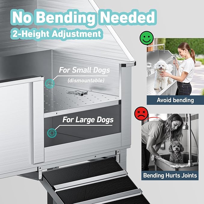 56" Professional Dog Washing Station, 304 Stainless Steel Pet Grooming Tub with Removable Ramp, 1.0mm Thick Anti-Rust Bath Tub, Adjustable Height & Detachable Faucet Kit for Dogs & Cats(Right Ramp)