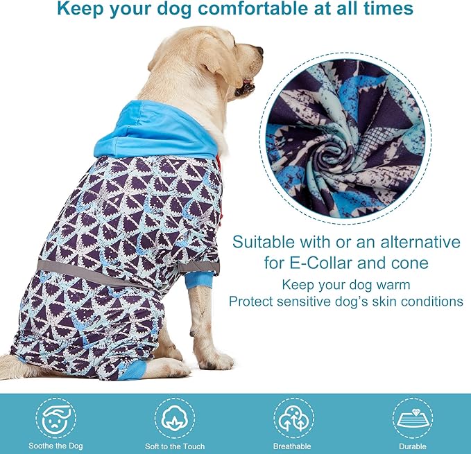 LovinPet Large Pitbull Dogs Onesies - Wound Care/Post Surgery dog clothes,Anxiety Relief shirt for Dogs,Large Breed Dog Jammies, Lightweight Stretchy,Reflective Stripe, Brown Shark Print,Pet Pj's /3XL