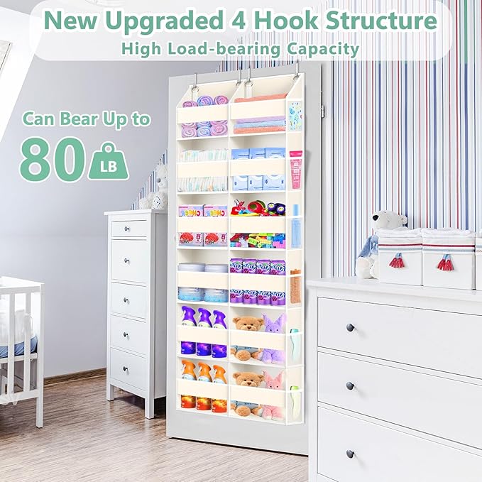 Heavy Duty Over The Door Organizer 6 Tiers, Extra Large Behind Door Storage of 12 Big Front & 12 Mesh Pockets, 80lb Weight Capacity, Hanging Doors Storage for Closet Bedroom Nursery, Beige