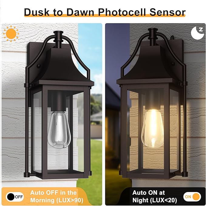 Dusk to Dawn Outdoor Wall Light, Waterproof Wall Sconces, Exterior Wall Mount Lantern Sconce with Glass, Oil Rubbed Bronze Patio Lanterns for House Garage Front Door, 14.8in, 1 Pcak