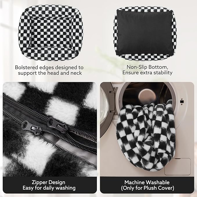 JOEJOY Small Dog Bed for Small Dogs, Removable Washable Cover Orthopedic Soft Faux Rabbit Fur Pet Bed, Anti-Slip Fluffy Plush Puppy Bed, 20"x19"x6", Checkered, Black