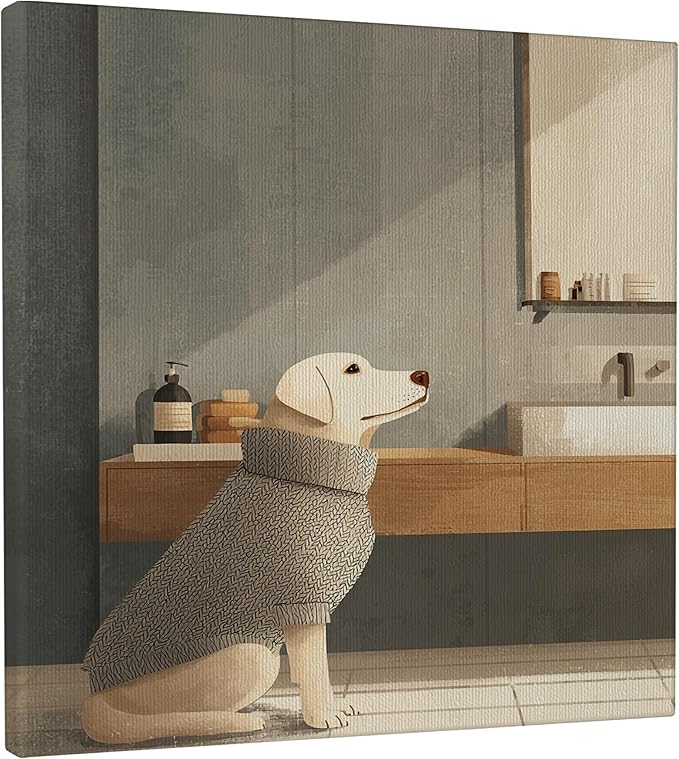 Cozy Dog Canvas Wall Art, Beige Gray Minimalistic Animal Decor, Autumn Aesthetic Home Decoration for Living Room, Bedroom, Bathroom, Wrapped Canvas 12x12 Inch