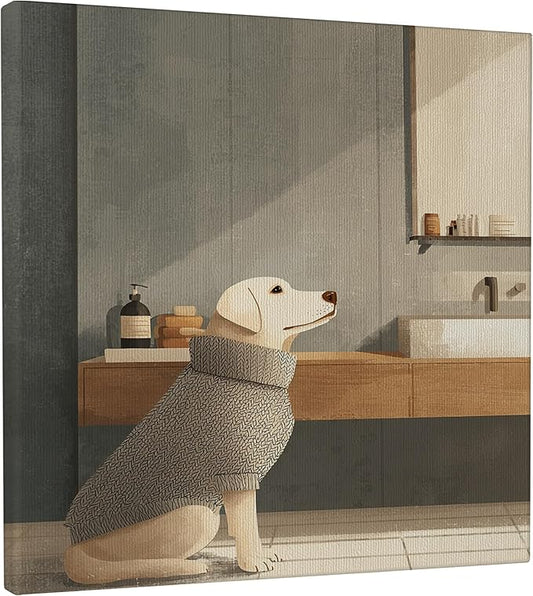 Cozy Dog Canvas Wall Art, Beige Gray Minimalistic Animal Decor, Autumn Aesthetic Home Decoration for Living Room, Bedroom, Bathroom, Wrapped Canvas 12x12 Inch