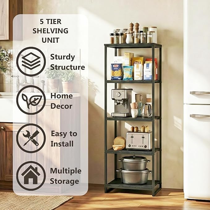 5-Tier Bathroom Shelving Unit, 47" H Narrow Open Floor Shelves, Metal Corner Slim Storage Rack for Bathroom Laundry Room Kitchen Living Room, Black