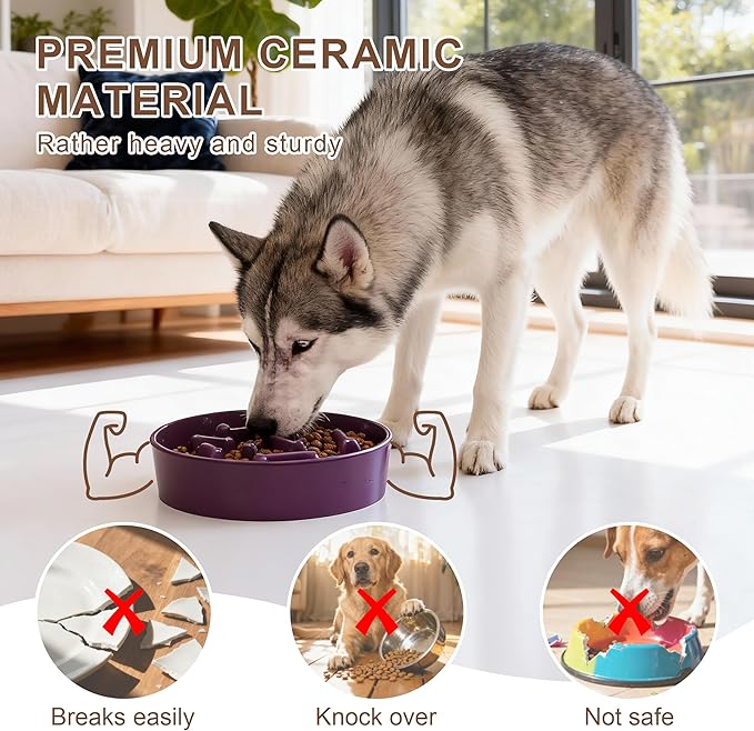 Ceramic Slow Feeder Dog Bowl, 1.5 Cup Dog Food or 20oz Water, Slow Eating Bowl for Small Breed, Maze Puzzle Feeder for Fast Eaters, Anti-Choking Stop Bloat, Non-Slip BPA Free (Purple)