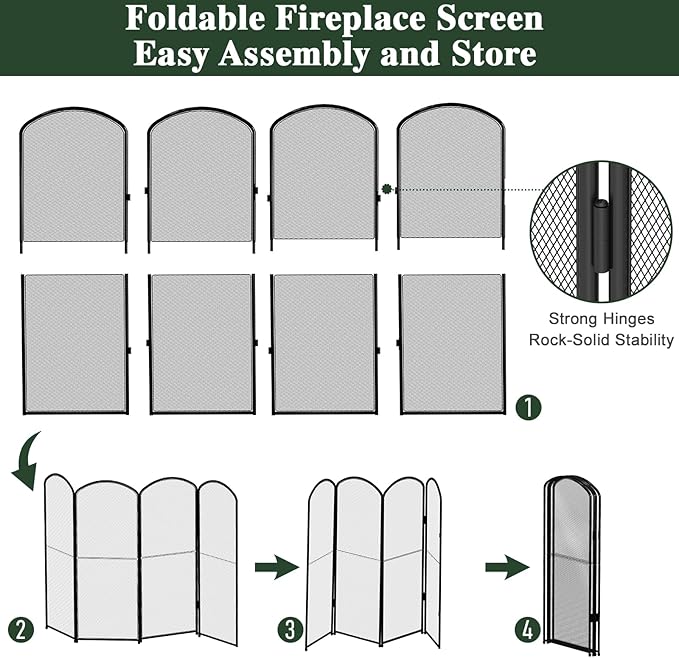 4-Panel Fireplace Screen, 47.8" W x 31" H Foldable Wrought Iron Fire Spark Guard, Decorative Metal Mesh Fireplace Cover for Living Room, Fire Cover for Baby,Pet Proof Safety Gate Black