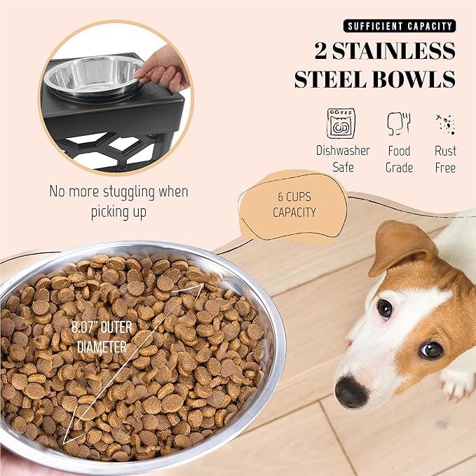 AVERYDAY Elevated Dog Bowls, 4 Height Adjustable Stand for Medium and Large Dogs, Raised Dog Feeder Holder with 2 Stainless Steel Food and Water Bowls, Anti-Slip Base Tall Feeding Station