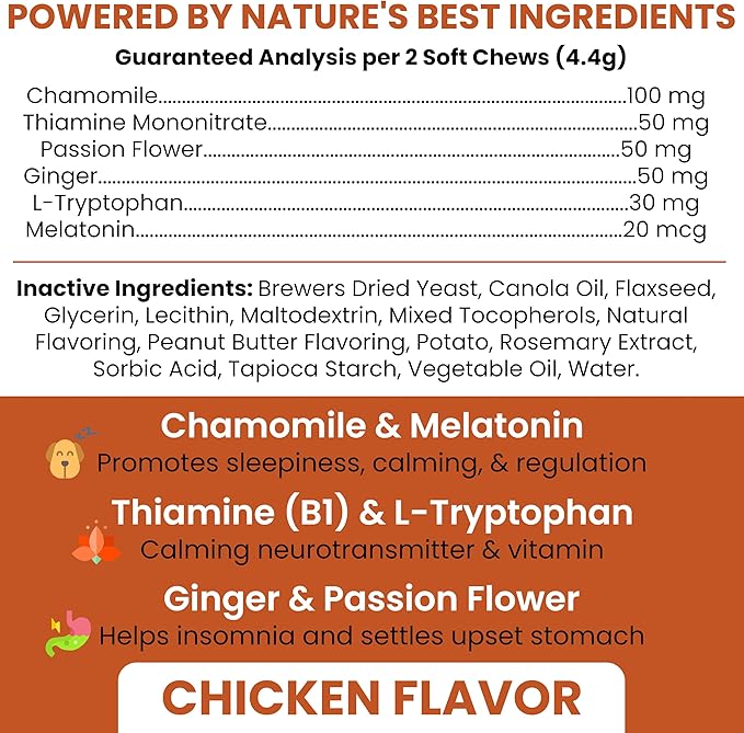 Calming Chews for Dogs - 30 Anxiety Relief Treats for Fireworks, Thunder, and Storms - Natural Dog Calming Treats for Large and Small Breeds with Thiamine, L-Tryptophan, Ginger, and Melatonin