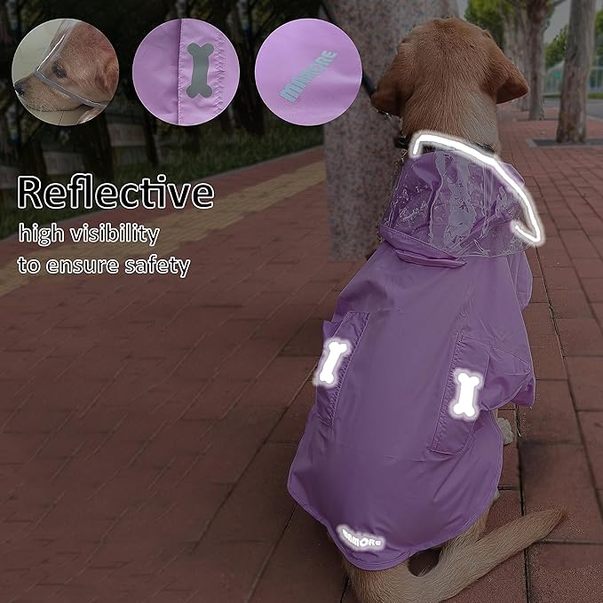 Waterproof Dog Raincoat, Adjustable Reflective Lightweight Pet Rain Clothes with Poncho Hood(X-Large, Light Purple)
