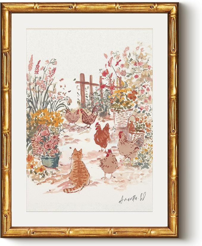 Vintage Gold Framed Canvas Wall Art 12x16 Inches Spring Farmhouse Cat Chickens Print, Country Garden Painting Artwork with Clear Panel, Rustic Cottagecore Living Room Kitchen Bedroom Decor Gift