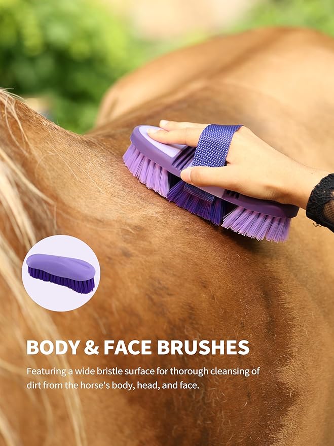 Harrison Howard Horse Grooming Kit, 9-Piece Set with Non-Slip Silicone Grip for Bathing, Shedding & Hoof Care Purple