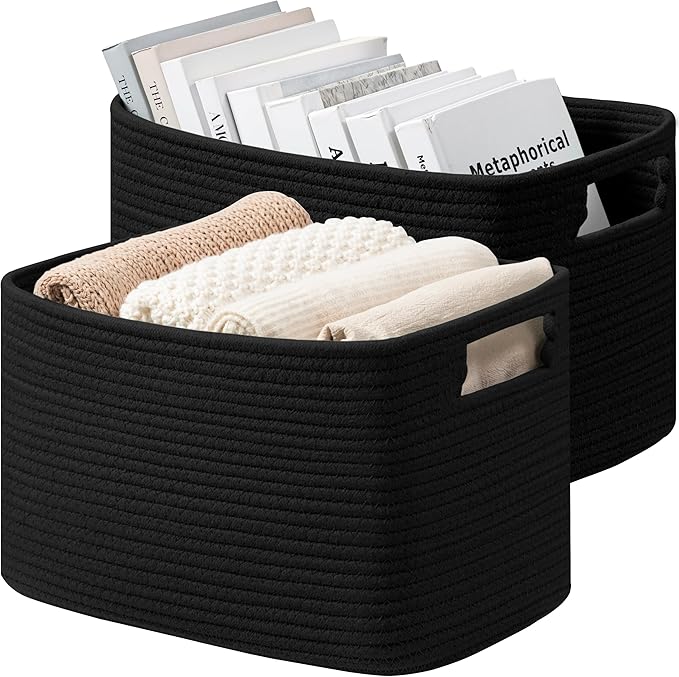 UBBCARE 2 Pack Storage Baskets for Organizing, Shelf Baskets with Handles, Woven Storage Baskets for Bookcase/Cube Shelf/Closet, 14.5"L x 9.8"W x 9"H, Black