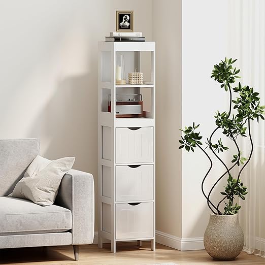 HOMCOM Narrow Bathroom Storage Cabinet, Bathroom Floor Cabinet with 3 Drawers & 2 Open Shelves, Freestanding Slim Storage Organizer for Small Spaces, White