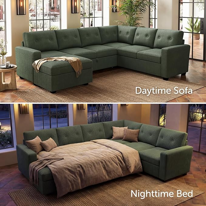 HONBAY 106.2 Inch U-Shaped Sectional Sleeper Sofa with Pull-Out Bed & Storage Ottoman, 7-Seater Sectional Sofa for Living Room, Pet-Resistant Corduroy Couch, Green