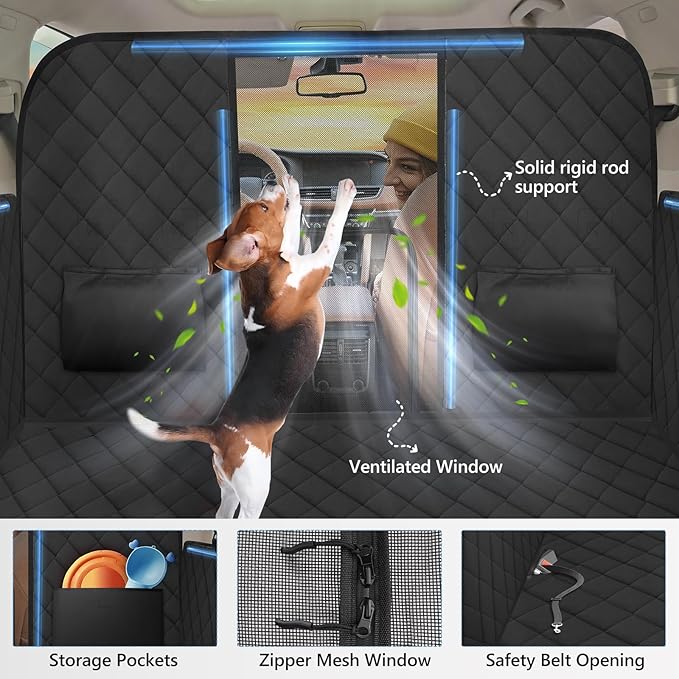 High Barrier Back Seat Extender for Dogs, Hard Bottom Dog Car Seat Cover for Back Seat Holds 420lbs, Backseat Protector Pet Bed, Waterproof Dog Hammock for Car SUV and Trucks
