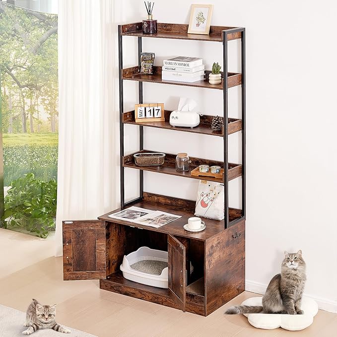 VEVOR Cat Litter Box Enclosure, Hidden Cat Box Furniture with 4 Storage Shelves, Large Cats House Cabinet Hidden Fit Most Litter Box, Wooden Cats Washroom Indoor, 33.5"L x 19.3"W x 72.3"H, Dark Brown