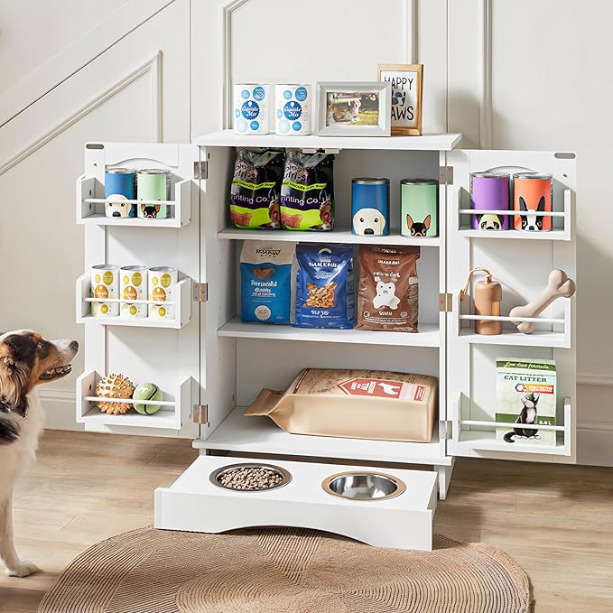 FIMELLO 31.7" High Dog Feeding Station with Feeding Bowls, Pet Organizers and Storage Adjustable Shelf, Dog Feeder Station, Pet Storage Cabinet for Cats and Dogs, White