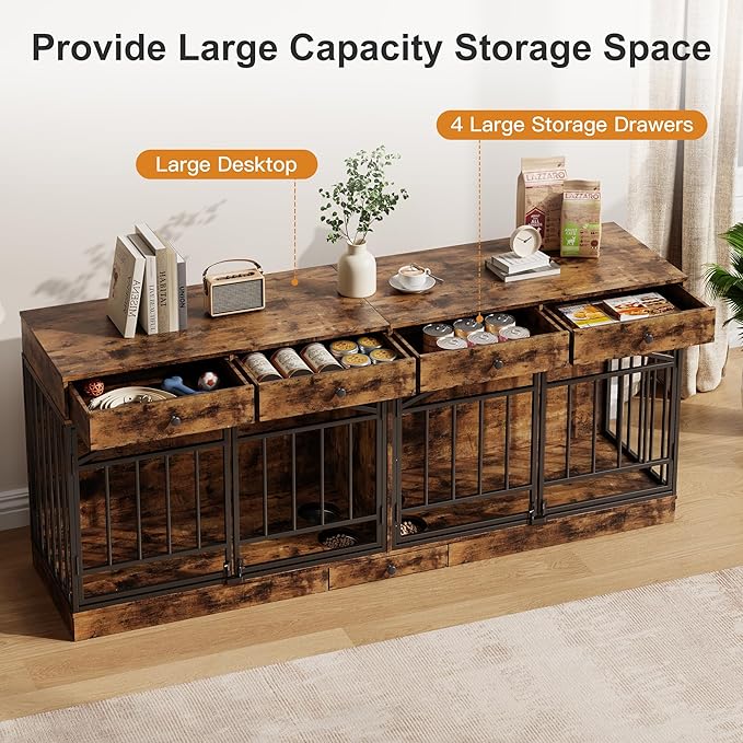 GarveeHome Dog Crate Furniture for 2 Dogs, Dog Kennel Indoor with 4 Storage Drawers and Feeding Bowls, Double Dog Crate TV Stand for Small Medium Dogs, Brown