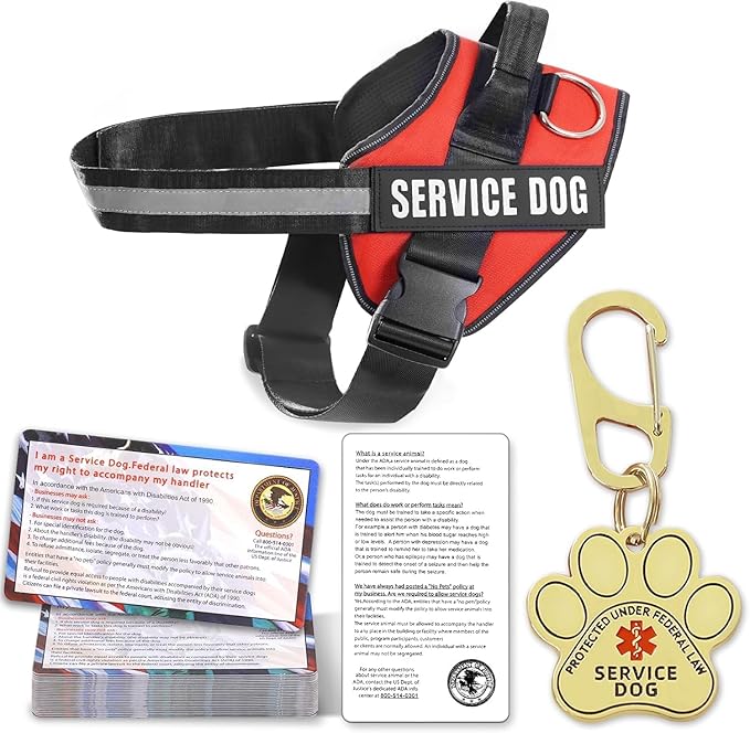 Service Dog Vest, ID Tag + 50 ADA Information Cards, Service Dog Harness w Patch in Sizes XX Small to XXX Large, Ruggedized Metal Tag, Service Animal Information Cards, ESA Accessory Set XXX-Large