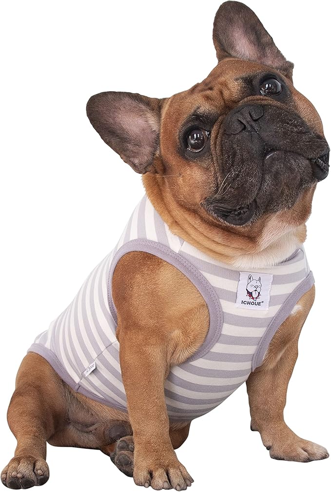 iChoue English Bulldog 100% Breathable Cotton Striped T Shirts Halloween Vest Clothes for Medium Dogs Tank Tops French Frenchie Pug Boston Terrier Pitbull Grey White Stripes - XLarge