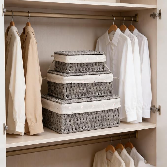 Woven Storage Baskets with Lids, Set of 3, Gray Paper Rope Wicker Bins with Lids & Removable Liners, Stackable Shelf Organizer Boxes for Bathroom Closet Nursery