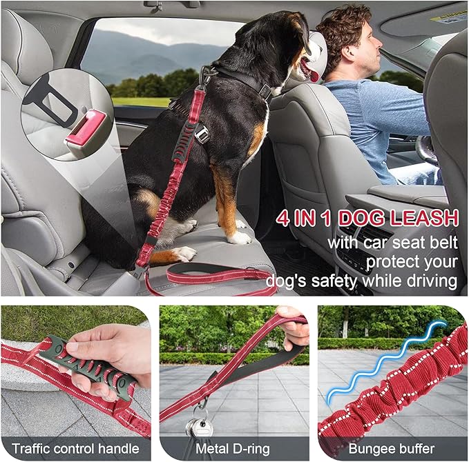 Tactical Dog Leash Heavy Duty, 4-6FT Shock Absorbing Bungee Dog Leash, Reflective Military Strong No Pull Dog Leash with 2 Padded Handle and Car Seatbelt for Medium Large Dogs, Red