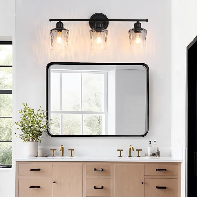 3-Light Bathroom Light Fixtures, Matte Black Vanity Light with Grey Glass Shade, Modern E26 Bathroom Wall Light for Over Mirror, Kitchen, Hallway, Cabinet, Porch, Bedroom