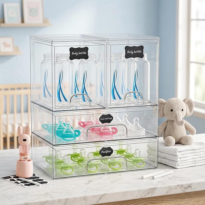 TOOGE Stackable Baby Bottle Organizer: Acrylic Bottle Organizer Baby Storage Drawers Clear Bottle Station Organization for Countertop Cabinet Vanity with 4 in 1 Cup Lid Cleaning Brush & Label - Wide