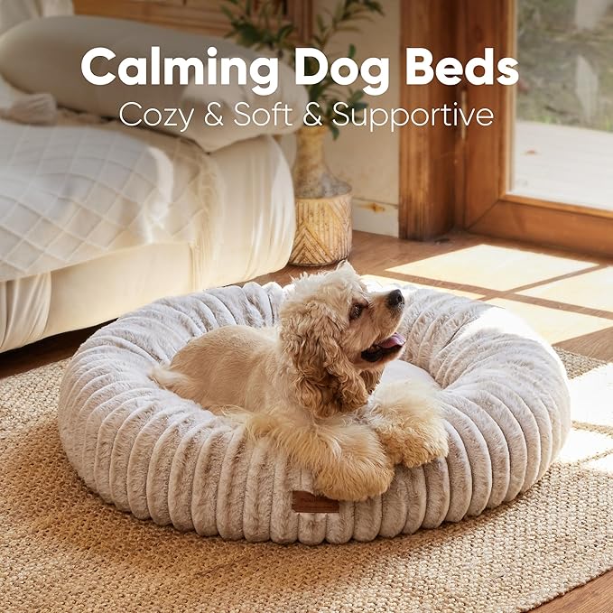 FUKUMARU Small Dog Bed, Gradient Color Donut Dog Beds for Anxious Puppies, 25 inches Calming Orthopedic Dog Beds, Round Pet Beds with Washable Cover, Cute Cat Bed for Indoor Cats, Camel