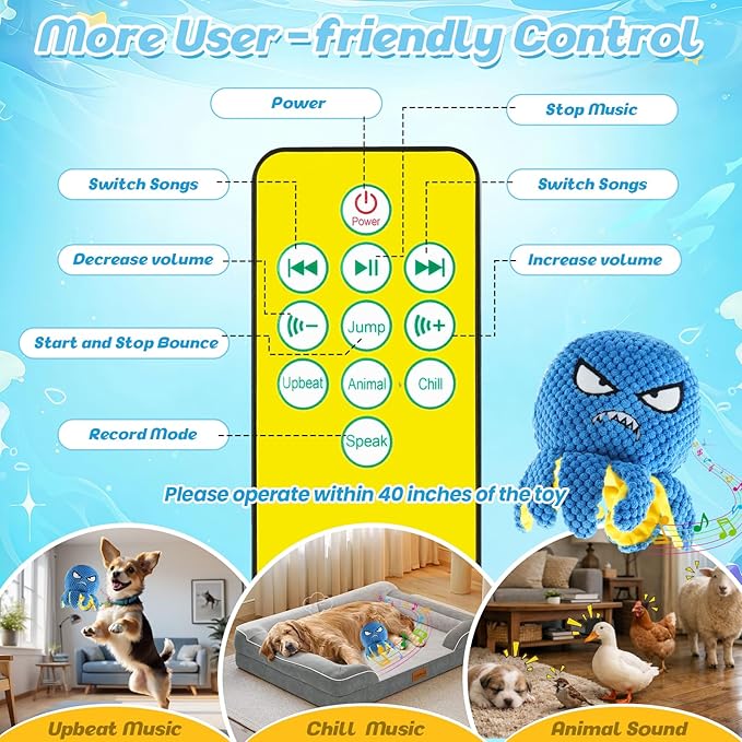 Interactive Dog Toys Octopus - Rechargeable Squeaky Dog Toy with 4 Modes Bouncing Ball, Music, Silent & Recording, Self Moving Plush Dog Toy for Small, Medium & Large Dogs to Keep Them Busy