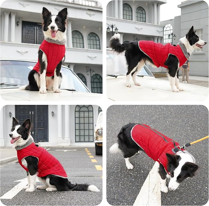 Warm Fleece Dog Coats with Durable Harness Buitl in D-Ring,Waterproof Doggie Jacket for Large Dogs,Dog Vest for Cold Winter,Red XXL