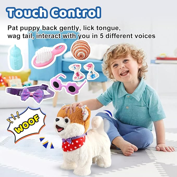 Pomeranian Walking Dog Toy for Girl Licking Barking Dog with Control Leash, Interactive Repeat What You Say, Talking Singing Robot Tail Wag Electric Pretend Dress Up for Kid