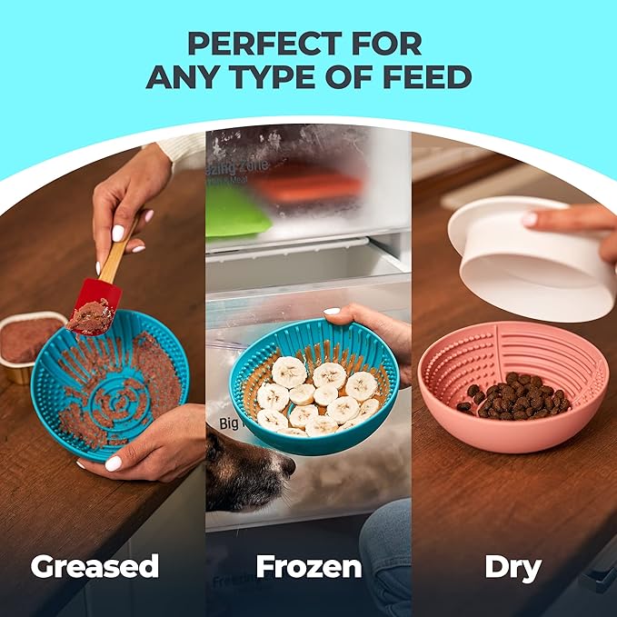 Slow Feeder Dog Lick Bowl 2in1 Elevated Set – Silicone Mat with Suction & Raised Stand, Puzzle Design Slows Eating, Anti-Bloat Interactive Dish, Dishwasher Safe, Gray