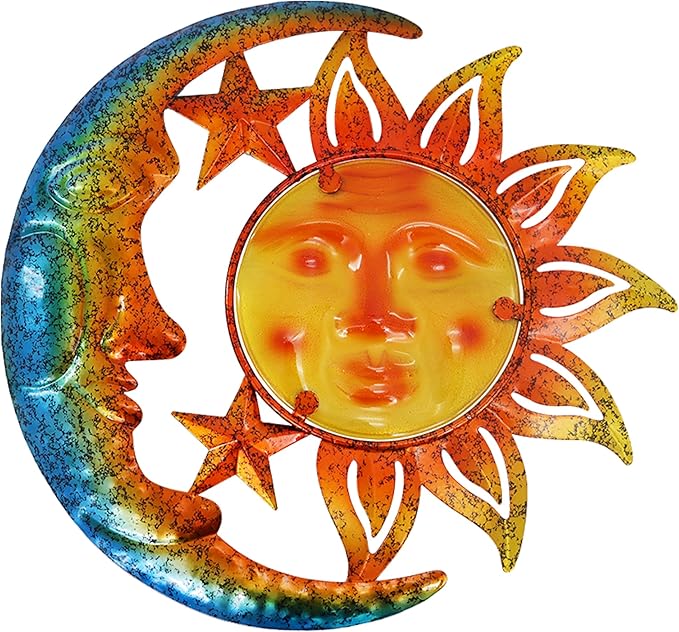 Metal Sun&Moon Wall Art Decor,12 Inch Retro Hanging Decor With Glass,Sun Moon Star Outdoor Indoor Wall Decorations For Patio Yard Garden Fence Living Room Bedroom